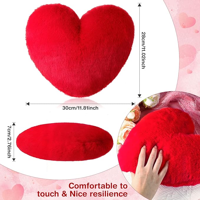 Marsui 2 Pcs Heart Throw Pillows, Soft Fluffy Faux Fur Decorative Hearts Shaped Pillows for Living Room Sofa Bed, Cute Heart Themed Gift for Women(Red,11.81 x 11.02 Inch)