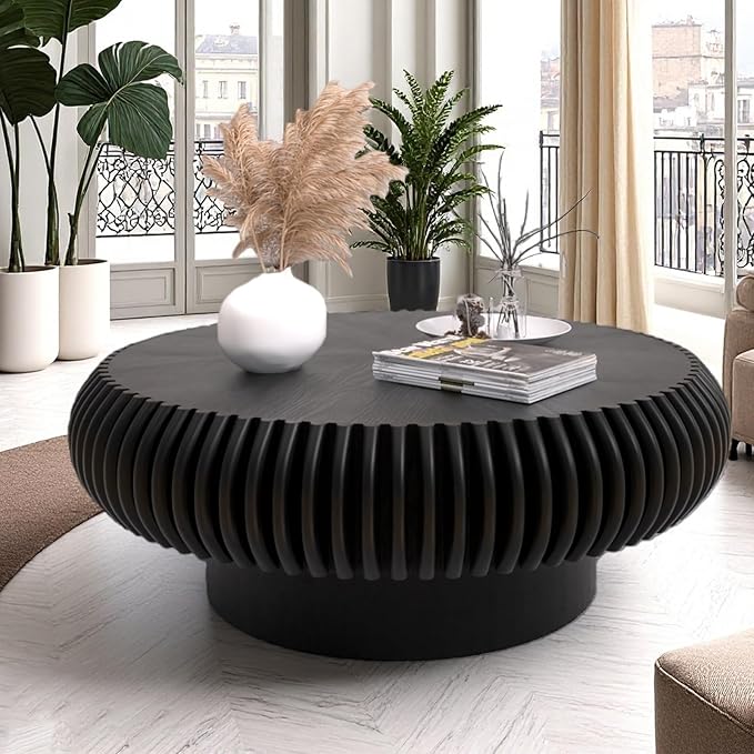 Round Drum Coffee Table Modern Unique Circle Drum Coffee Tables Mid Century Coffee Table with Sturdy Pedestal Fluted Tea Table for Living Room Office Small Space(Black 31.5in)