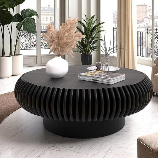 Round Drum Coffee Table Modern Unique Circle Drum Coffee Tables Mid Century Coffee Table with Sturdy Pedestal Fluted Tea Table for Living Room Office Small Space(Black 31.5in)