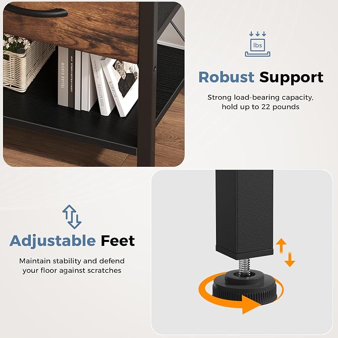 OLIXIS Nightstands Set of 2 with Charging Station, Bedside Tables with USB Ports and Fabric Drawer, Small Night Stand with Open Adjustable Shelf, Compact End Table for Bedroom, Black & Rust - Image 7