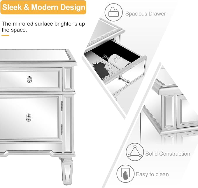 VINGLI Modern Nightstand Mirrored Bedside Table with 1 Drawer and 1 Cabinet Door for Bedroom, Silver - Image 4