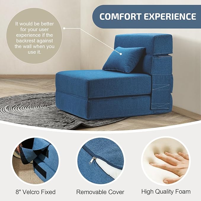 Folding Sofa Bed with Pillow- Convertible Chair Floor Couch & Sleeping Mattress, Foldable Memory Foam Sleeper for Living Room/Dorm/Guest Room/HomeOfice/Apartment/Loft, Single26 Width, Indigo