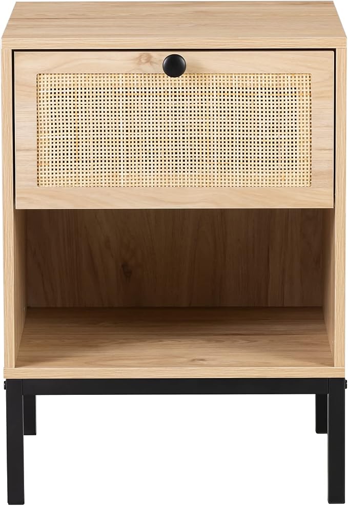 Yechen Set of 2 Rattan Nightstands with Drawer & Open Shelf, Boho Bedside Table with Natural Cane, Wood End Table with Metal Legs for Bedroom, Small Spaces, Natural Oak - Image 8