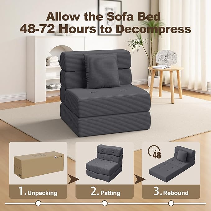 Folding Sofa Bed, Convertible Sleeper Chair & Couch Bed with Pillow, One-Piece High-Density Sponge Mattress, Multi-Purpose Corduroy Floor Sofa for Living Room, Office, Apartment, Grey, Single