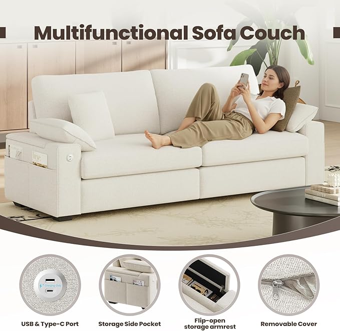 89" Loveseat Sofa, Cloud Foam Couch, 3 Seater Upholstered Midcentury Mondern Love Seat with USB Type C Ports, 4 Pillows and Storage Armrest for Living Room/Small Spaces, Beige | Breathable material