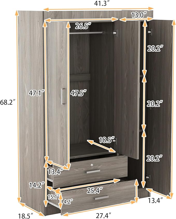 LZ LEISURE ZONE 3 Doors Wardrobe Armoire Closet, Large Freestanding Armoire Wardrobe Cabinet with 2 Drawers, Bedroom Clothes Storage Cabinet Organizer, Wood Grain Effect in Gray