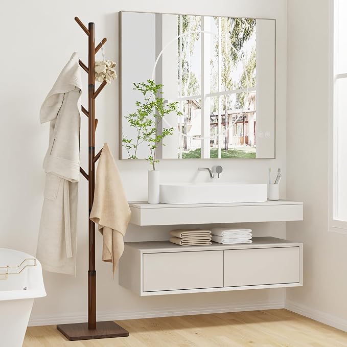 Coat Rack Freestanding with Stable Square Base, Entryway Furniture with 3 Adjustable Sizes and 8 Hooks, Used in Bedroom, Office and Hallway, Brown - Image 2