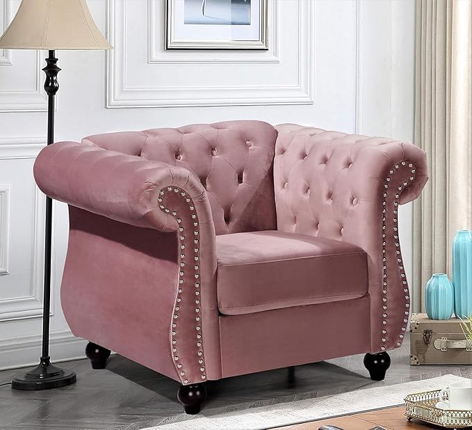 Feinstein Modern Velvet Chesterfield Couches for Living Room with Nailheads, Diamond Tufting & Durable Metal Frame, Chair, Rose