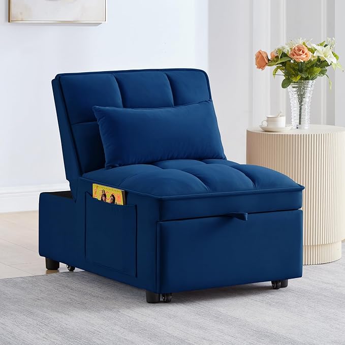 3 in 1 Convertible Sleeper Sofa Chair, Velvet Tufted Single Pull Out Couch Bed with Adjustable Backrest and Pillow, Multi-Function Chaise Lounge with Pockets, for Livingroom, Home Office,Navy