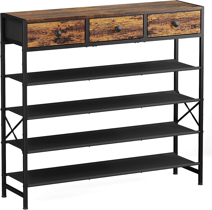 Shoe Rack, 5 Tier Shoe Organizer with 3 Drawers, Metal Shoe Storage for 24-30 Pairs of Shoes with Fabric Shelves and Wooden Top, Narrow Shoe Shelf for Closet Entryway Rustic Brown by UNITSTAGE
