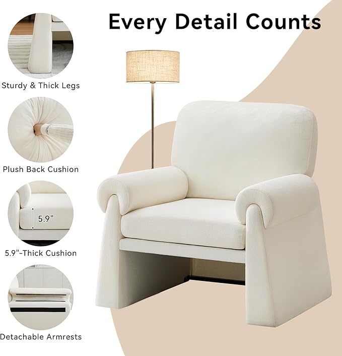 Accent Chairs Set of 2, Modern Living Room Chairs, Comfy Single Sofa Chair with Thick Cushion and Armrests, Upholstered Reading Club Chair, Arm Chair for Living Room Bedroom, Beige