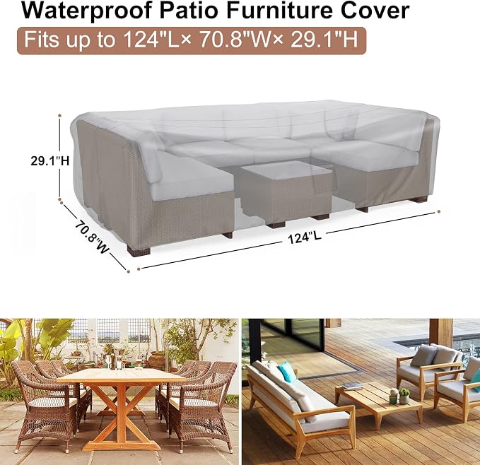 Patio Furniture Set Cover Waterproof, Mrrihand Outdoor Sectional Sofa Set Cover Heavy Duty 600D Table and Chair Set Cover 124" L× 70.8" W× 29.1" H - Image 2