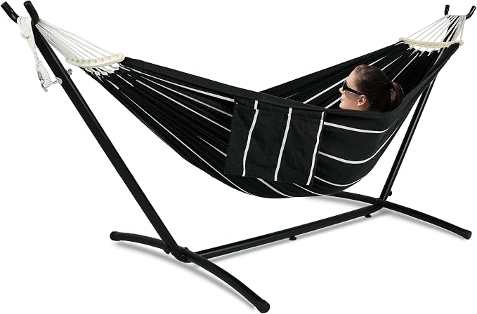 GAFETE Double Hammock with Stand for Outside, Upgraded Spreader Bar, Heavy Duty Space Saving Steel Stand 2 Person, Side Pockets, Easy Assembly, 600lbs Weight Capacity, Indoor & Outdoor (Darkness) by GafeteOutdoorLiving