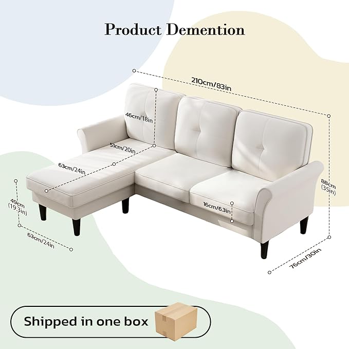 Sofas for Living Room, 83" Velvet Sectional Couch with Moveable Ottoman, Midcentury Modern Small Sectional Couch, L Shape Sofa & 3 Seater, Couches for Living Room, Apartment, Bedroom, Beige