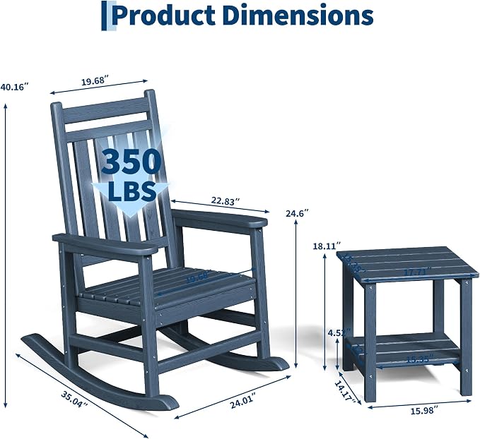 Garvee HDPE Rocking Chair Outdoor Set of 4 with 2 Side Table - Poly High Back Porch Rocker Chairs for Adults - All Weather Resistant Furniture for Patio Front Porch - Navy Blue - Image 2