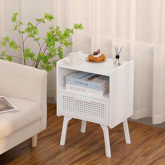 Lerliuo Rattan Nightstands Set of 2, Side Table with Drawer Open Shelf, Cane Accent Bedside End Table with Solid Wood Legs, Mid Century Modern Night Stand for Bedroom, Dorm and Small Spaces (White) - Image 2