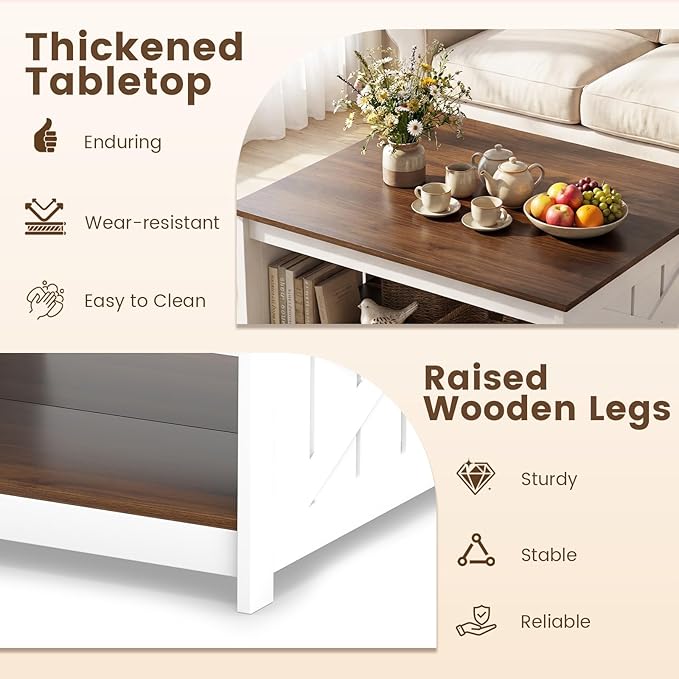 Giantex Farmhouse Coffee Table, 31 Inch Square Wood Coffee Table with Storage Shelf, 2-Tier Vintage Center Table with Open Compartment, Rustic Living Room Table for Home Office, White & Brown