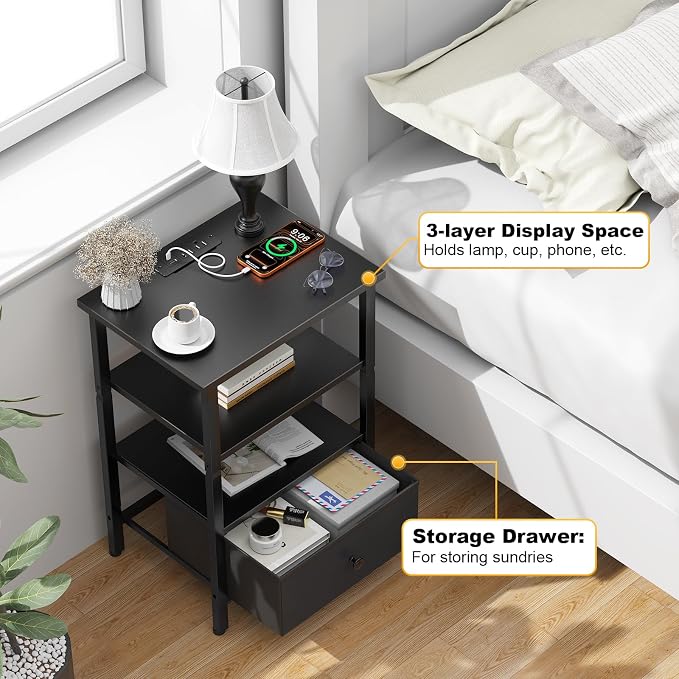 Side Table with Charging Station, Nightstand with Adjustable Fabric Drawer, Bedside Table for Bedrooms, Living Rooms & Home Decor (Black) - Image 5