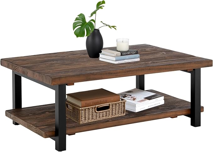 Alaterre Furniture Pomona Living Room Tables – 48 Inch Rectangular Solid Wood Coffee Table with Storage Shelf & Metal Legs – Rustic Industrial Farmhouse Large Living Room Table (Rustic Brown)