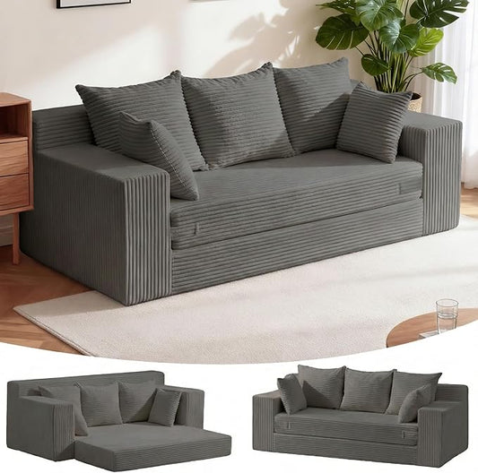 Oversized Boneless Loveseat, 3 Seater Pull Out Convertible Sofa Bed, 70" Gray Boneless Couch Fold Out Floor Couch Sleeper Sofa with 5 Pillows for Living Room Bedroom Lounge Small Space
