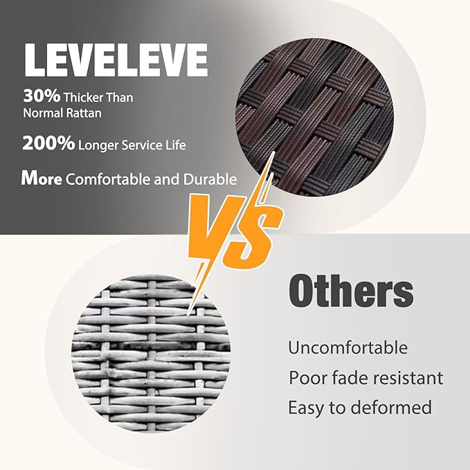 LEVELEVE Patio Conversation Set 5 Piece, Balcony Furniture Outdoor PE Rattan Wicker Lounge Chairs with Soft Cushions, 2 Ottomans & Glass Table for Porch Lawn, Brown (Dark Grey Cushions