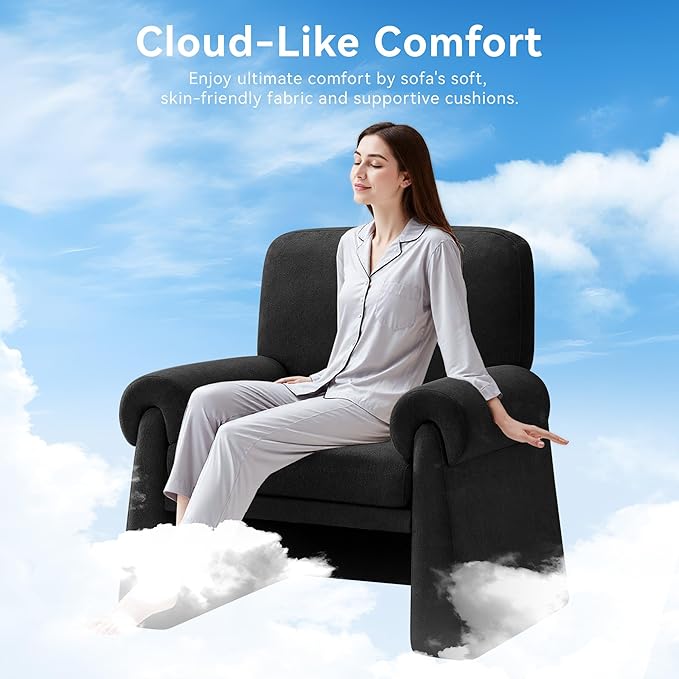 Oversized Accent Chair, Comfy Living Room Chairs, Single Sofa Chair with Thick Cushion and Armrests, Upholstered Arm Chair for Living Room, Modern Armchair, Reading Chair for Bedroom, Black
