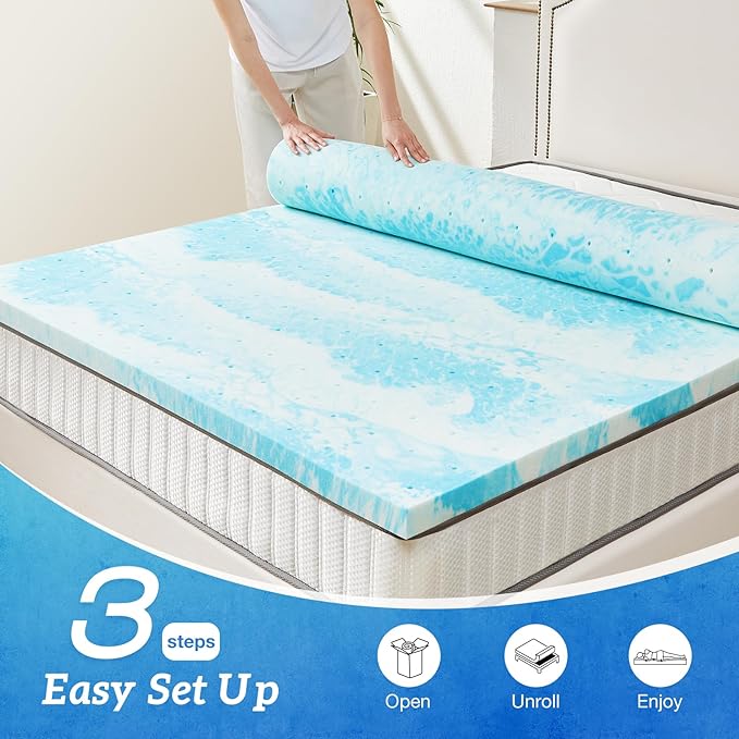 Sweetcrispy Memory Foam Mattress Topper Full, 2 Inch Thick Gel Infused Cooling Toppers Pad for Full Size Bed, Sleeper Sofa, RV, Camper, CertiPUR US Certified, Ventilated and Breathable, Blue