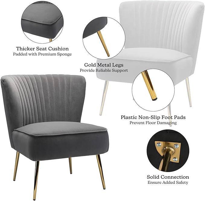 HULALA HOME Velvet Accent Chair, Modern Upholstered Cute Side Chair with Gold Metal Legs, Armless Wingback Slipper Chair Comfy Living Room Chair for Bedroom Guest Room Vanity, Grey