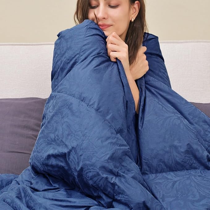 DAICO Goose Feather Down Comforter Queen Size, All Season Luxury Hotel Fluffy Duvet Insert, Ultra Soft 100% Cotton Shell with 8 Corner Tabs, Paisley Design (90x90'', Navy Blue)