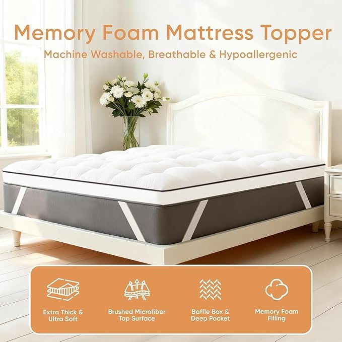 Memory Foam Mattress Topper Queen, Breathable & Skin-Friendly Mattress Topper for Back Pain Relief, 3 Inch Extra Thick Shredded Foam, 100% Cotton Mattress Pad Cover