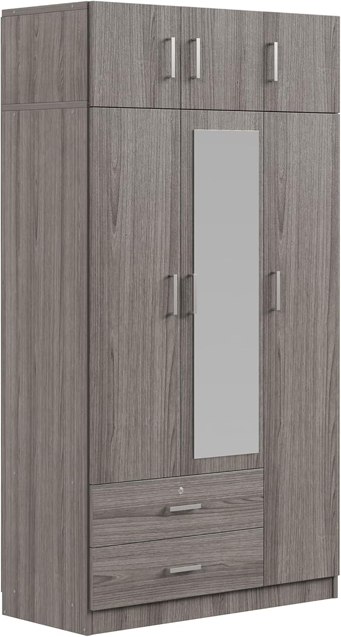 Merax 3 Doors Wardrobe with Mirror Door and Top Cabinet, Wooden Closet Wardrobe Organizers with Hanging Rail, 2 Drawers and 4-Tier Storage Shelves for Bedroom, Laundry Room, Gray