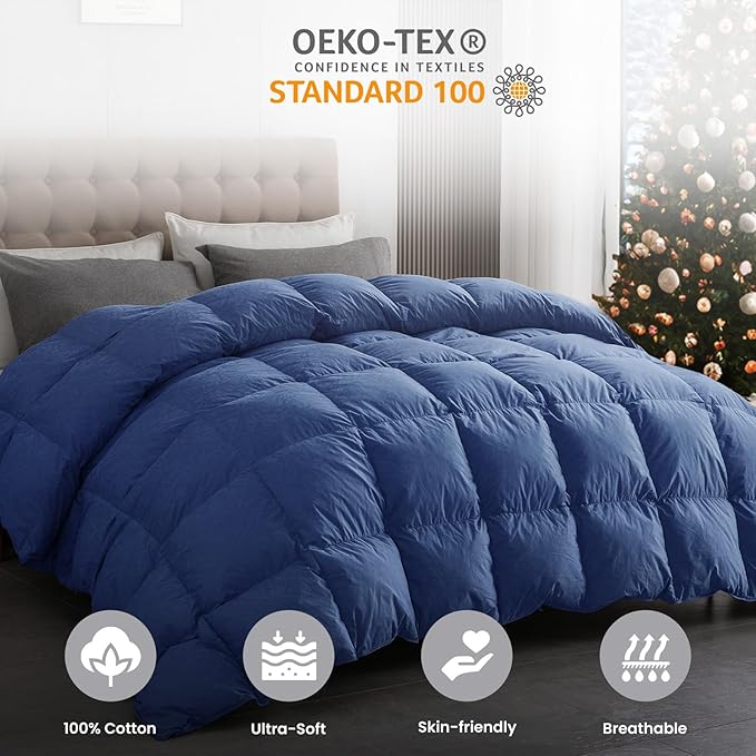 DAICO Goose Feather Down Comforter King Size, All Season Luxury Hotel Fluffy Duvet Insert, Ultra Soft 100% Cotton Shell with 8 Corner Tabs, Paisley Design (106x90'', Navy Blue)