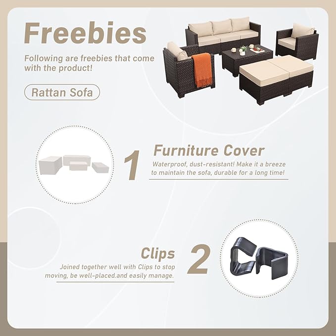 6 Pieces Patio Outdoor Furniture Outdoor Conversation Sets Wicker Sofa Set with Outdoor Couch Patio Chairs Storage Coffee Table Khaki Cushions Waterproof Covers