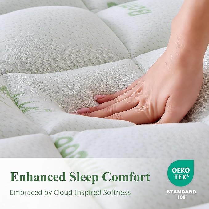 King Mattress Topper, Viscose Derived from Bamboo Thick Pillow Top Mattress Pad with Deep Pocket, Naturally Cooling for Hot Sleepers, Soft for Back Pain Relief, Green