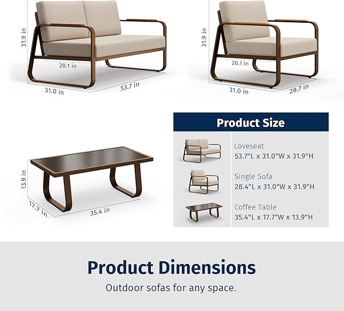 East Oak 4-Piece Patio Furniture Set, Outdoor Patio Set, 4.7inch Removable & Washable Deep Seating Cushion Outside Conversation Sets, Apricot