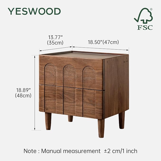 YESWOOD Solid Walnut Nightstand, Mid Century Modern Nightstands with 2 Arched Drawers, Small Bedside Table for Low Bed, Wooden Night Stand for Bedroom, Wood Side End Tables Living Room - Image 3