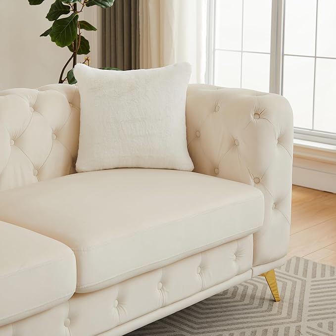 KEIKI 83" Luxury Oversized Velvet Chesterfield Sofa with 2 Pillows, Mid-Century Style 3-Seater Tufted Buttons Couch with High-Density Foam Cushions, Easy Assembly, for Apartment, Living Room, Beige