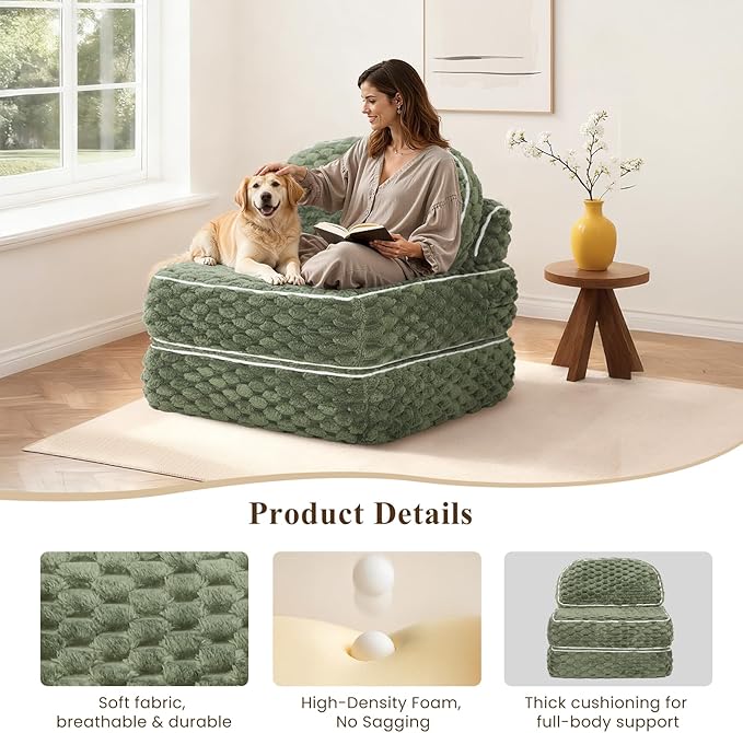 COLAMY Folding Sofa Bed, 3-in-1 Convertible Sleeper Chairs with Pillow,Back Support, Fuzzy Fabric Floor Couch Bed for Adults, Boneless Couches Living Room, Bedroom, Apartment, Green