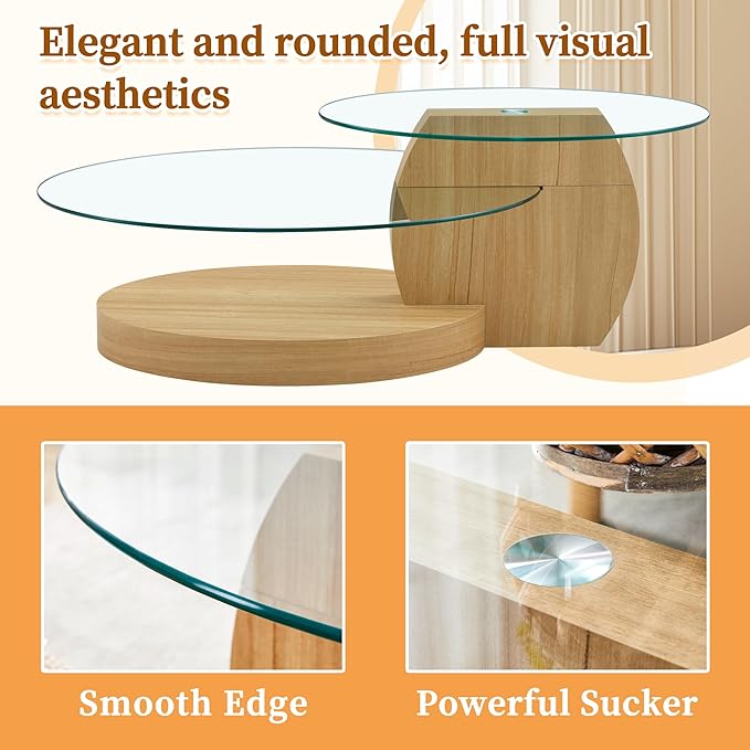 Ebullient Glass Coffee Table, 47" Oval Coffee Table, 2-Tier Glass Tabletop with Light Wood Base, Easy to Maintain and Assemble, Ideal for Dining Room, Living Room