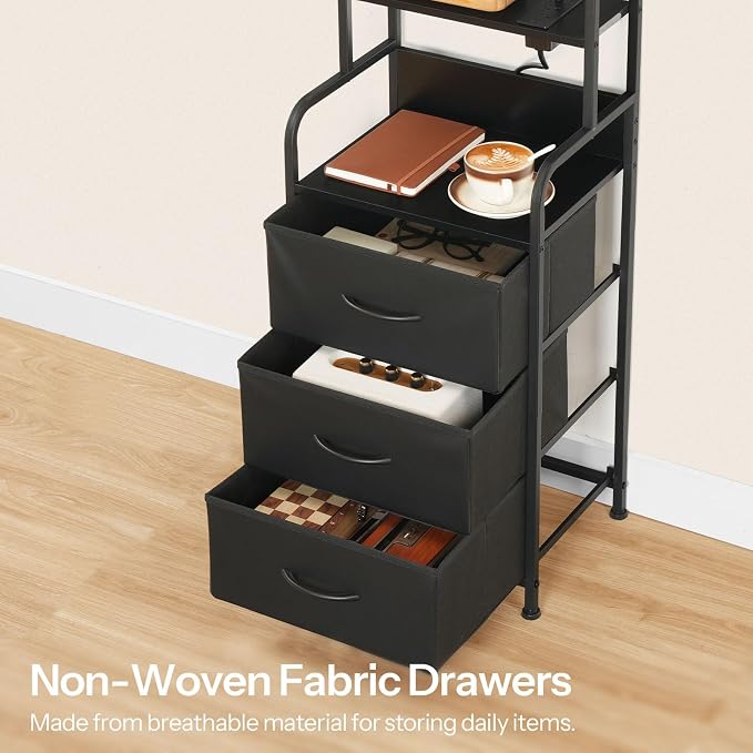 HOOBRO Tall Nightstand with Charging Station, LED Bedside Table with 3 Fabric Drawers and Open Shelves, USB-A, Type-C, 2 AC Outlets, Modern End Table for Bedroom, Black BB206UDBZ01 - Image 7