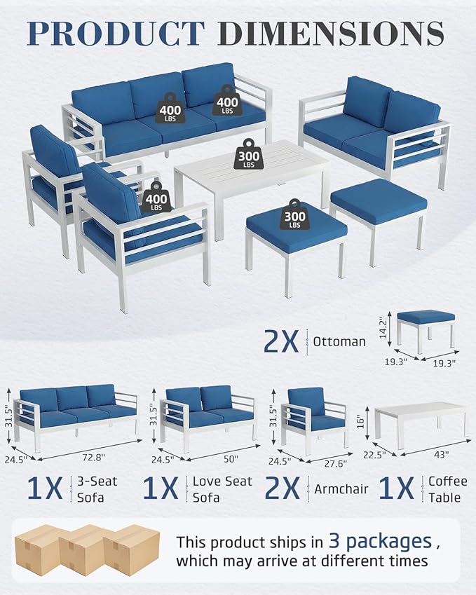 AECOJOY Aluminum Patio Furniture Set, 9 Seats Modern Outdoor Furniture with Coffee Table, 7 Pieces Metal Conversation Sectional Sofa, White Frame/Blue Cushion