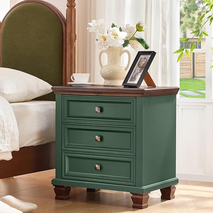 SAVOR LIFE Farmhouse Nightstand Set of 2, Rustic Accent End Table with 3 Drawers & 4 Square Solid Wood Legs, Vintage Bed Side Table with Storage, Small Dresser for Bedroom, Living Room, Green - Image 4