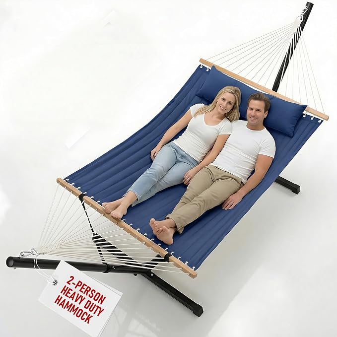 FULIYE Double Hammock with Stand for Outdoor，2 Person Heavy Duty Portable Hammock with Adjustable Steel Stand and Balance Ropes Included – for Patio, Backyard, Garden, Beach (Purplish Blue) by Unknown