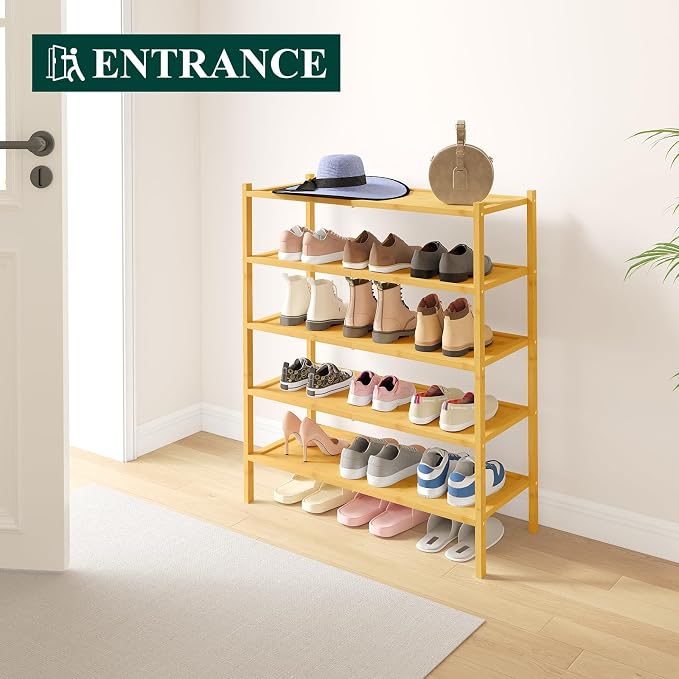 Smiry Bamboo Shoe Rack, 5 Tier Shoe Organizer for Entryway & Closet, Stackable Free Standing Storage Shelf for Shoes, Bags & Plants, Natural - Image 5