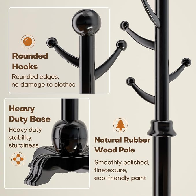 Hall Tree, Freestanding Wood Tree Rack with 7 Hooks, Coat Rack with Stable Sphere Base, Wooden Coat Rack Stand, Load 210 lb, Coat Hanger Stand for Entryway, Hallway, Bedroom (Black) - Image 4