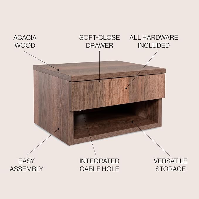 JONATHAN Y NST2002A Ettore 15.71" Mid-Century Modern Floating Wall Mounted Nightstand with Soft-Close Drawer and Cable Hole, Dark Brown - Image 4