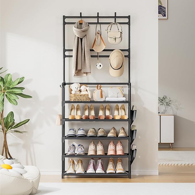 OYREL Shoe Rack 5 Tier Shoe Organizer Storage 15-20 Pairs Shoes Rack for Closet Entrance Shoe Rack Organizer with Hooks and Side Pocket Entryway Shoe Holder Space Saving Free Standing Shoe Racks - Image 7