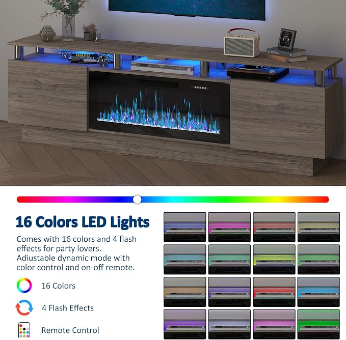 PUKAMI 80" Fireplace TV Stand with 36" Electric Fireplace, LED Light Entertainment Center with Storage, 2 Tier Modern Wood Media TV Console with Highlight Cabinet for Living Room, Grey - Image 4