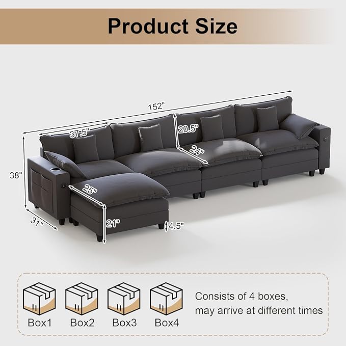 152" Modular Sectional Sofa, L Shaped Cloud Couch with Movable Ottoman, Chenille Deep Seat Cloud Sofa with Charging Station, Cup Holder, Side Pocket, Sectional Couches for Living Room, Grey
