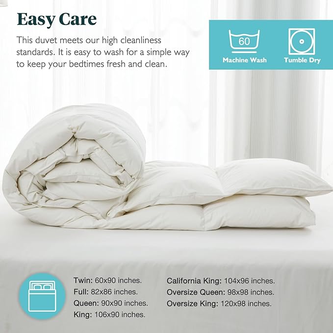 Feathers & Down Comforter, Organic Duvet Insert, 100% Cotton Shell, Ethically-sourced Feathers and Down Filler, All Season Warm, King Size, White